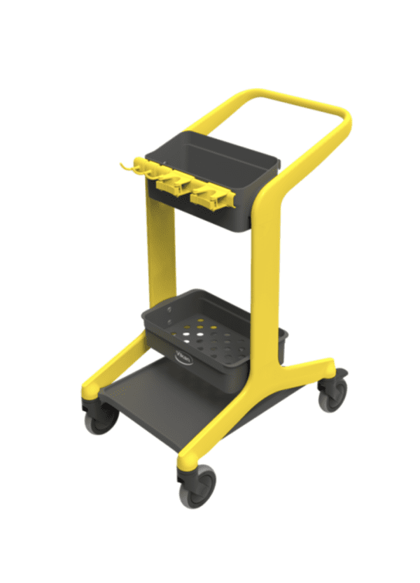 Yellow utility cart with two shelves and hooks.